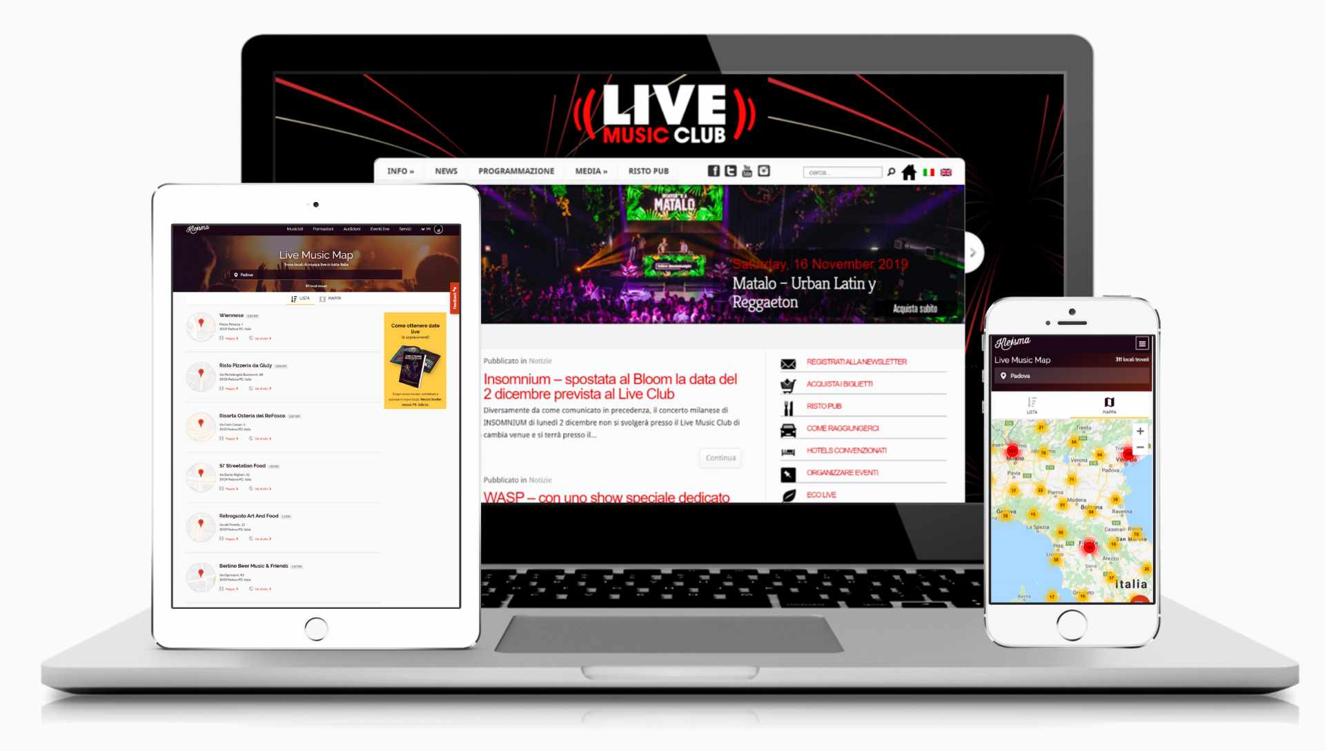 schermate esemplificative di Live Music Map